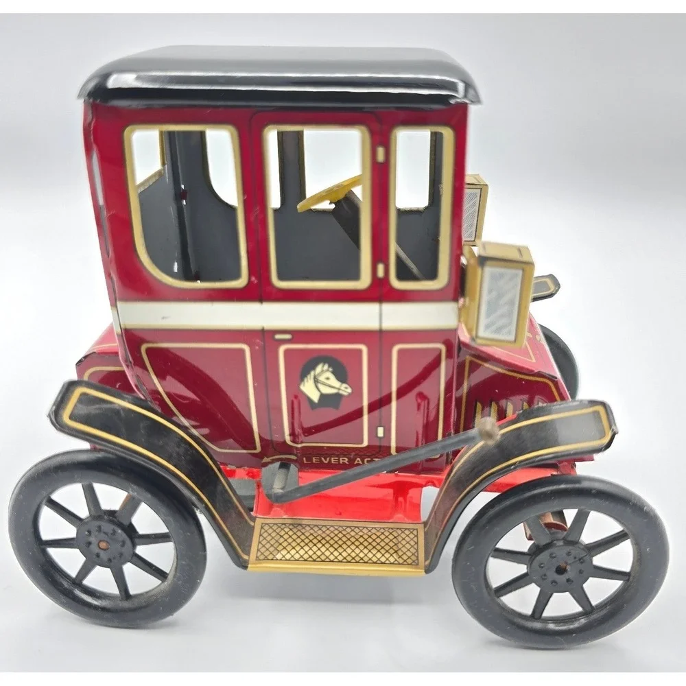 Vintage Japanese Tin Litho Friction Horseless Carriage Antique Toy Car Red Black